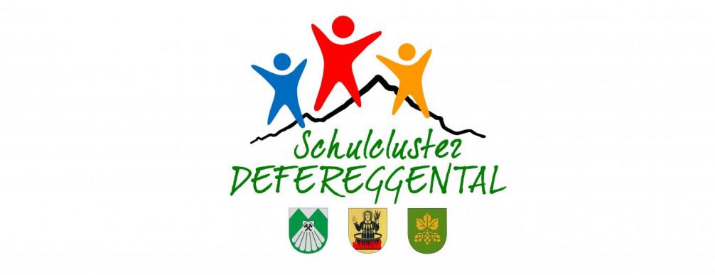Schulcluster Defereggental Logo drei Kinder vor Bergen